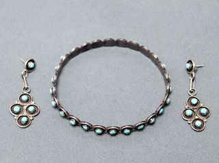 Navajo Silver & Turquoise Bangle Earring Set 2 Pcs