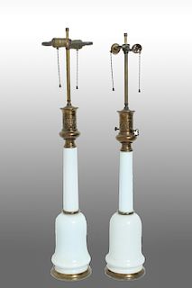 French Style White Opaline Glass Table Lamps Pair