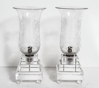 Candle Lamps w Etched Glass Shades & Lucite, Pair