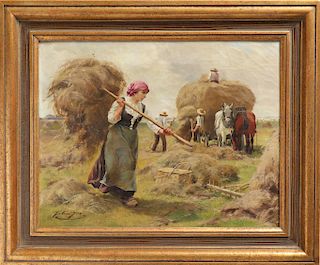 Julien Jos "Harvest Day" Oil on Canvas, 19th C.
