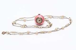 Guilloche Enamel Watch Pendant Faux Pearl Necklace