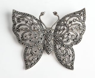 Silver Marcasite Filigree Butterfly Brooch