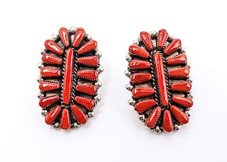 Native American Indian Silver & Coral Earrings