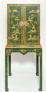 Chinoiserie Green & Gold Painted Cabinet on Stand