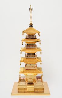 Japanese Gold-Tone Metal Pagoda Sculpture