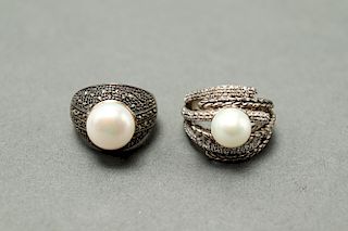 Group of Silver Pearl Diamond & Pyrite Rings, 2