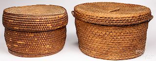 Two large lidded rye straw baskets