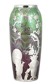 Loetz Titania Vase Silver Overlay Asian Motif