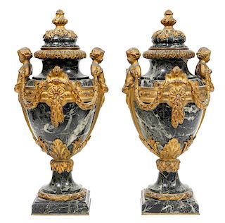19th Ct. Pr. French Green Marble & Bronze Cassolettes