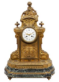 19th Ct. French Bronze Mounted Green Marble Mantle Clock