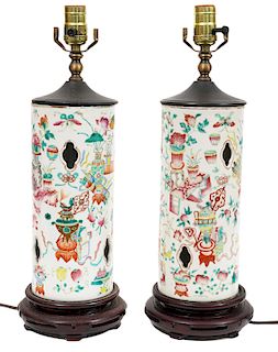 Pair of Chinese Famille Rose Hat Stand Lamps