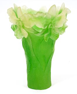 Daum Pate de Verre Green Iris Vase