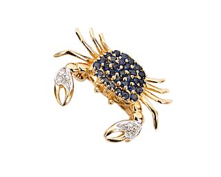 Sapphire, Diamond & 14Kt YG Signed Crab Pin