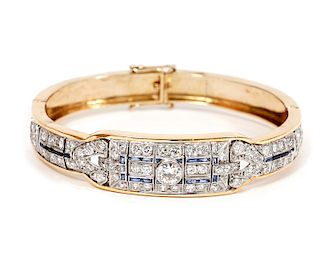Yellow Gold, Diamond & Sapphire Hinged Bracelet