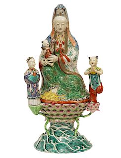 Chinese Famille Rose Porcelain Guanyin on Pedestal Possibly Qing Dynasty