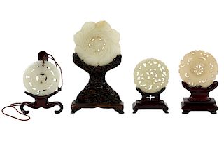 4 Jade Carved Discs in Wood Stands