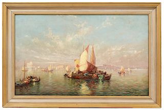 Carl Muller 'Boats in Venice Harbor' Oil on Canvas