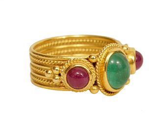 Lalounis 18Kt YG Cabochon, Emerald & Ruby Ring