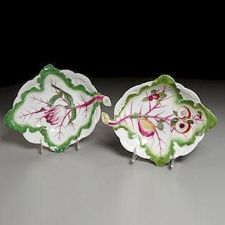 Near Pair Chelsea Porcelain Leaf and Basket Dishes