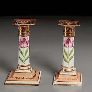 Pair Derby Brass-Mounted Botanical Candlesticks