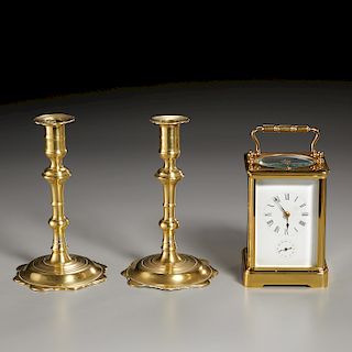 Antique Brass Carriage Clock and Candlesticks