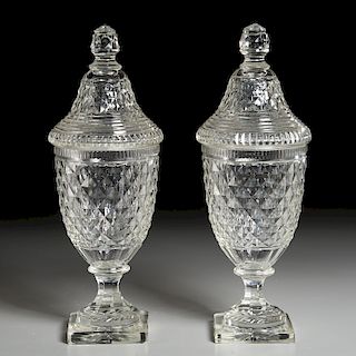 Pair Anglo-Irish Cut Glass Sweetmeat Urns