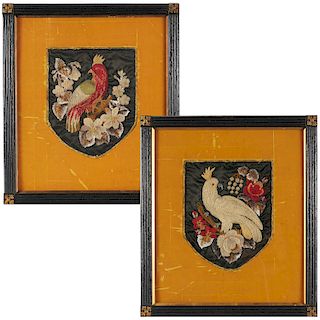 Pair Victorian Embroidered Armorial Pictures