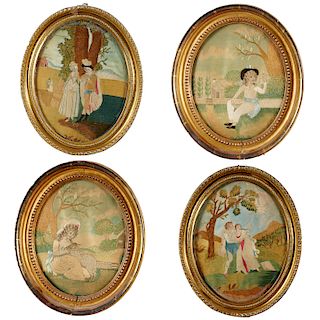 (4) Regency Painted Silk-Work Pictures