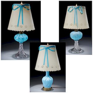 (3) Blue Glass Fluid and Vase Lamps