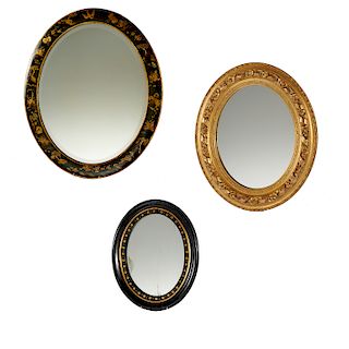 (3) Victorian japanned and Giltwood Oval Mirrors
