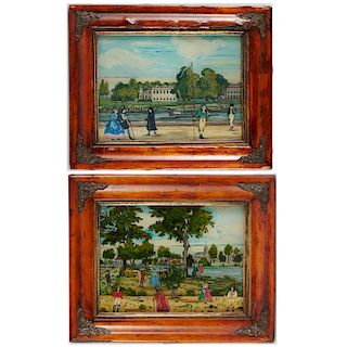 Pair English Late Regency Reverse-Glass Pictures