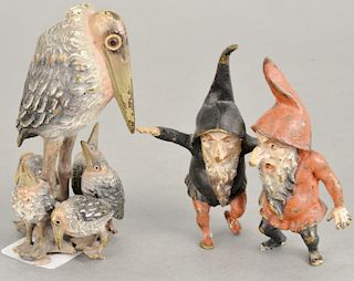 Two cold painted Austrian bronzes, small stork with chicks, along with figural group with two gonmes, possibly Franz Bergmann. stork ht. 3 3/4 in., no