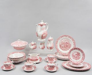 Servicio de vajilla. Inglaterra, años 60. Elaborada en porcelana Staffordshire Myotts modelo Country Life color rojo. Piezas: 73