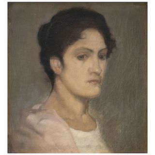 ROSARIO CABRERA, Mujer con chalina rosa, Sin firma, Óleo sobre tela, 37.5 x 34.5 cm