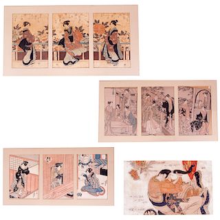 Lote de 10 obras gráficas. Origen oriental. Siglo XX. "Escenas de vida cotidiana de personajes femeninos." Tinta china sobre papel.