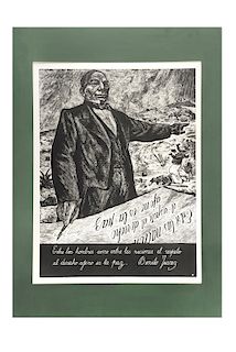 Méndez, Leopoldo. "Benito Juárez". Linóleo, 50 x 37 cm., con marialuisa. Firmado.