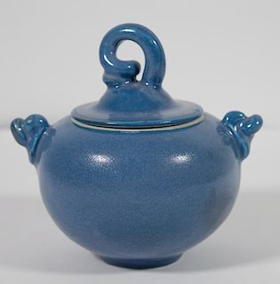 Blue Glazed Handled Pottery Bowl or Jar w/Lid