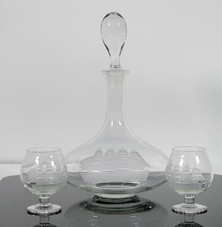 Vintage Clipper Ship Glass Decanter w/2 Glasses