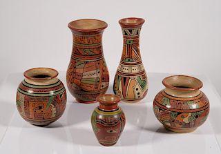 Group, 5 Hand Made Nicaragua/Peru Pottery Vases