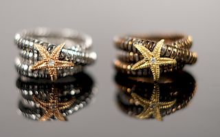 Two 14K YG & SS Starfish Diamond Rings