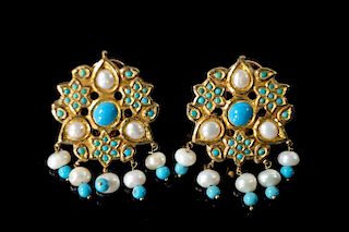 22k YG Pearl and Turquoise Earrings