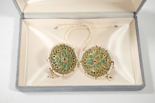 22k YG Turquoise and Pearl Medallion Earrings