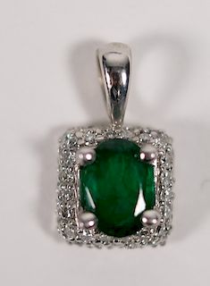 14K White Gold Emerald & Diamond Pendant