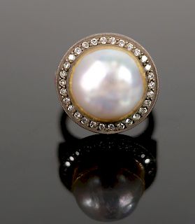 24K Gold Pearl Ring w/Diamonds & Rubies