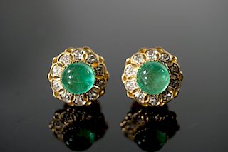 Massive Cabochon Cut Emerald and Diamond Earrings