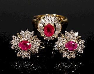 18k YG Ruby & Diamond Earring and Ring Set sz6