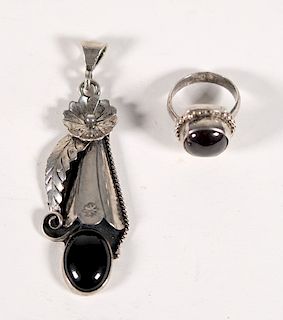 Navajo Silver & Black Stone Pendant & Ring