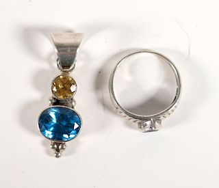 Sterling Silver & Gemstone Pendant w/Heart Ring