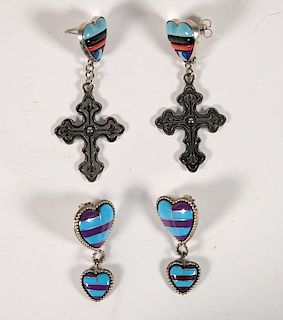 2 Pairs Sterling & Multi Stone Heart Earrings