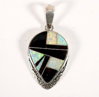 Calvin Begay Acoma Jet, 925 and Opal Pendant